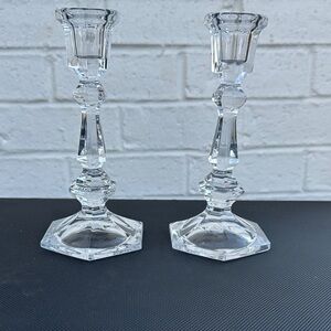 Vintage Crystal 7” Candlesticks (2) Featuring a Hexagonal Base and Faceted stem.